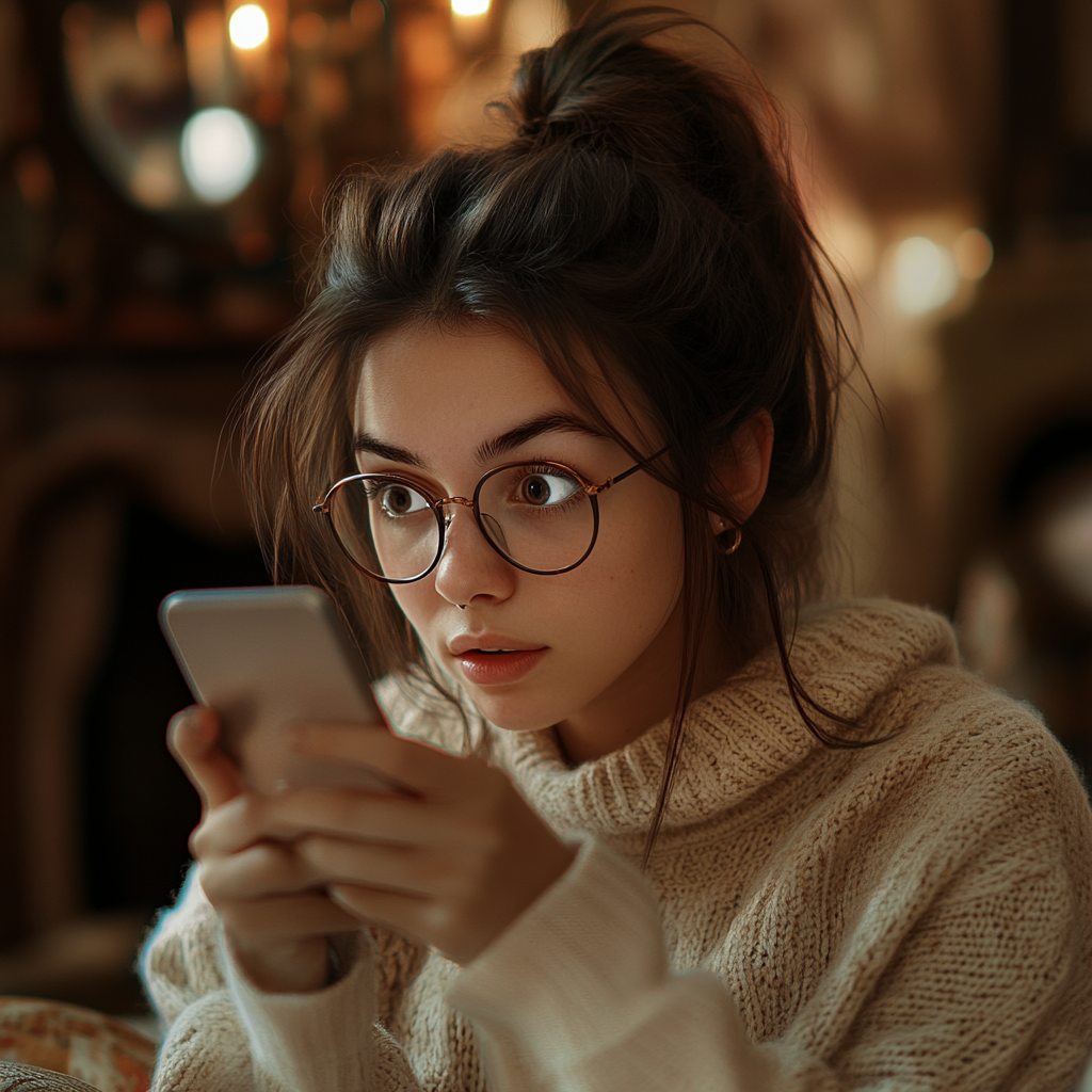 Une jeune femme inquiète qui regarde son téléphone | Source : Midjourney