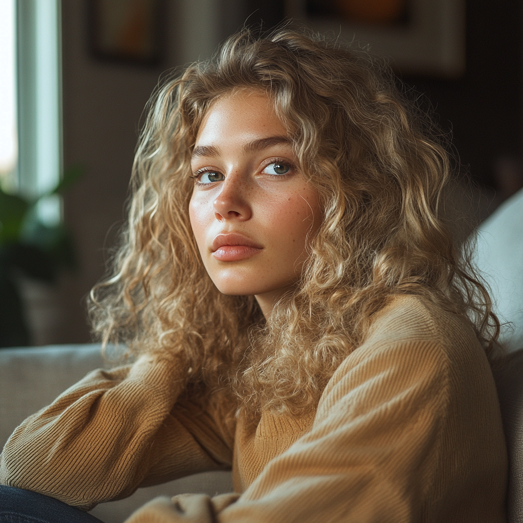 Une femme réfléchie dans son salon | Source : Midjourney