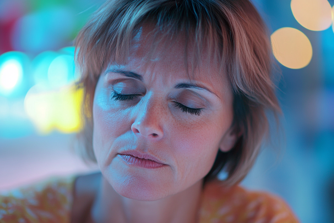 Une femme assise avec les yeux fermés | Source : Midjourney