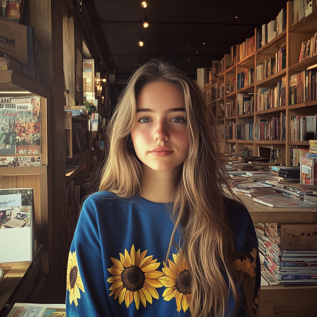 Une jeune femme debout dans une librairie | Source : Midjourney