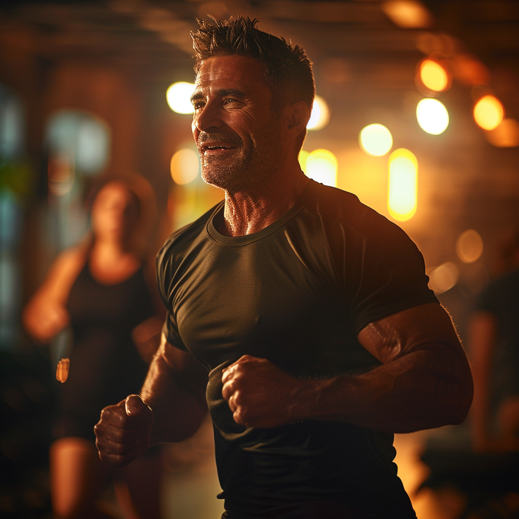 Un homme musclé aux poings serrés pendant une séance d'entraînement | Source : Midjourney