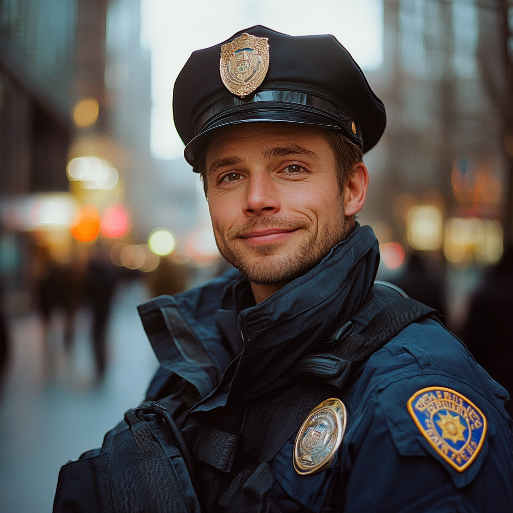 Un homme heureux habillé en flic | Source : Midjourney