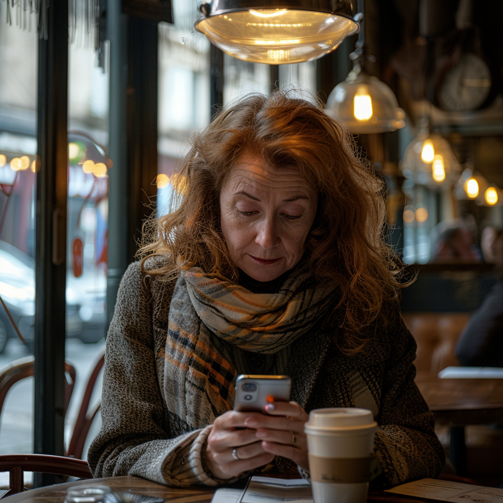 Une femme consultant son téléphone alors qu'elle est assise dans un café | Source : Midjourney