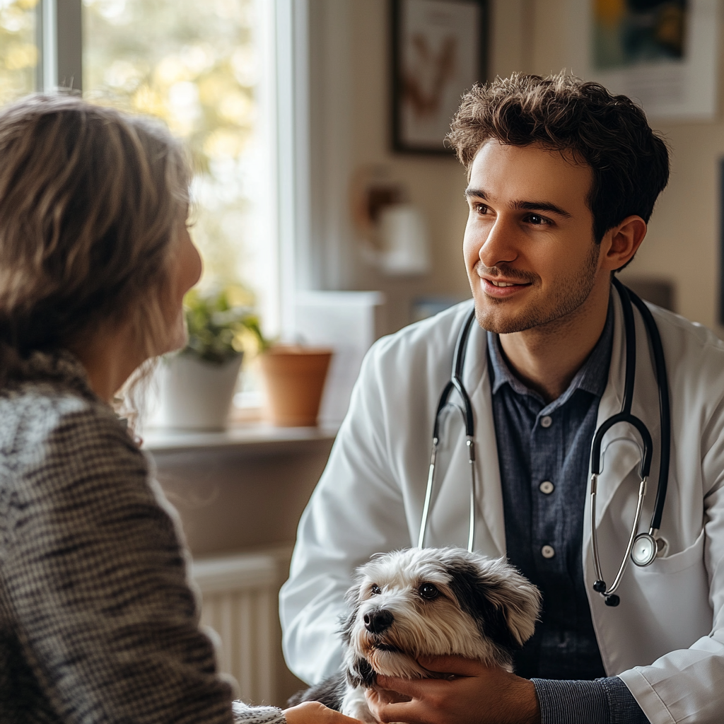 Jeune médecin vétérinaire discutant avec sa mère | Source : Midjourney