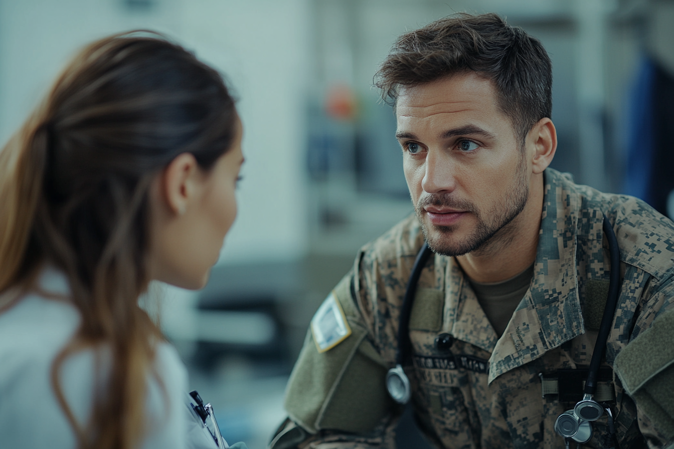 Médecin ayant une conversation avec un officier militaire | Source : Midjourney