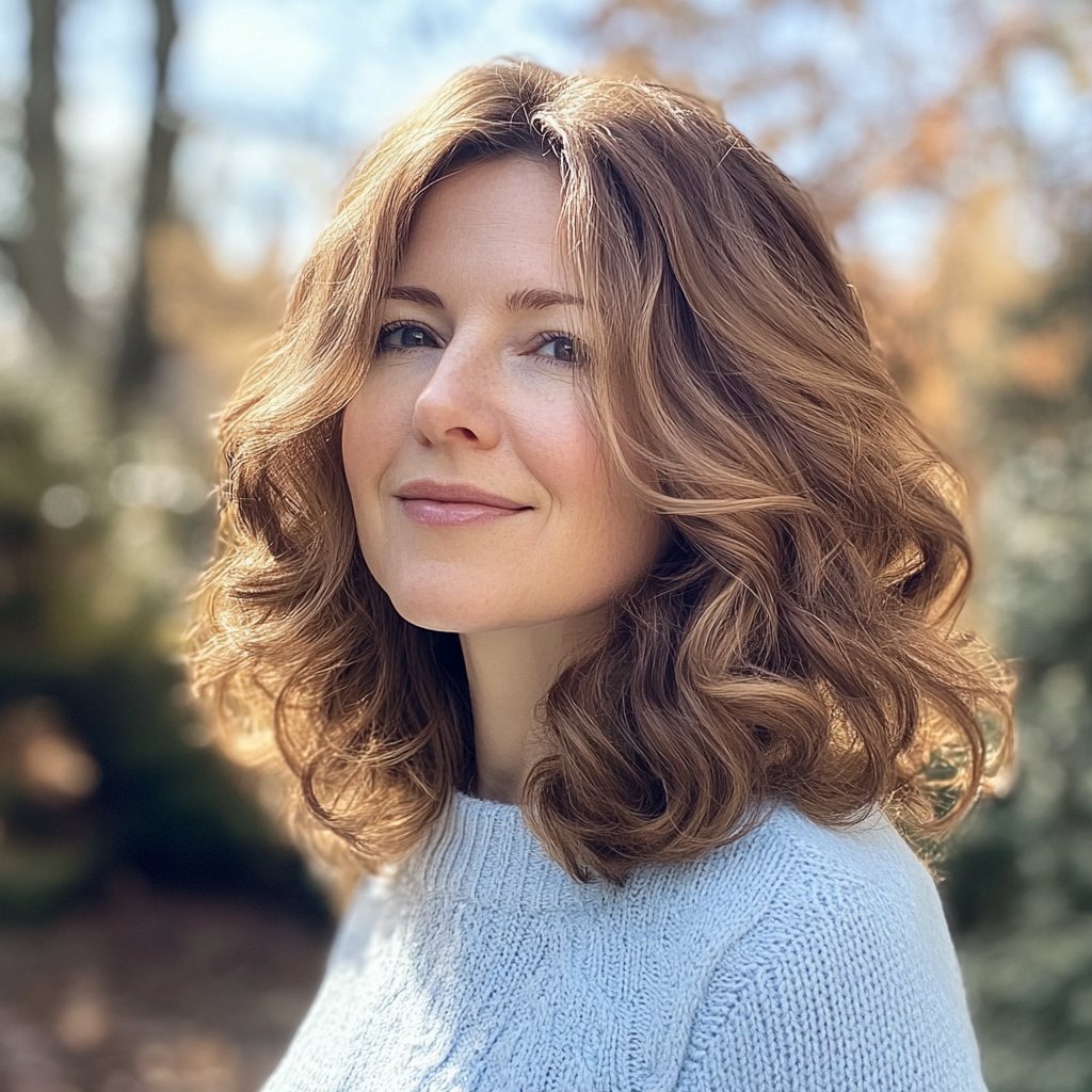 Une femme heureuse se tenant à l'extérieur | Source : Midjourney