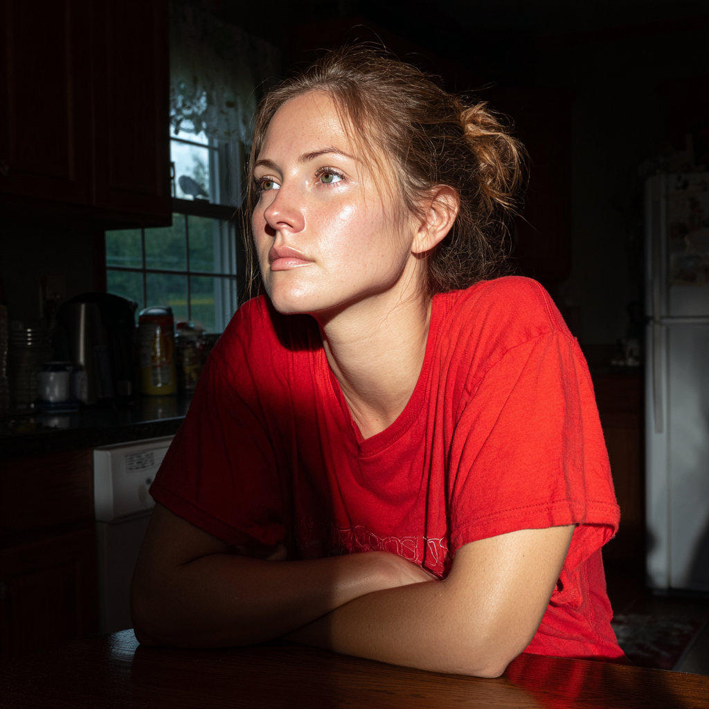 Une femme assise à une table de cuisine | Source : Midjourney