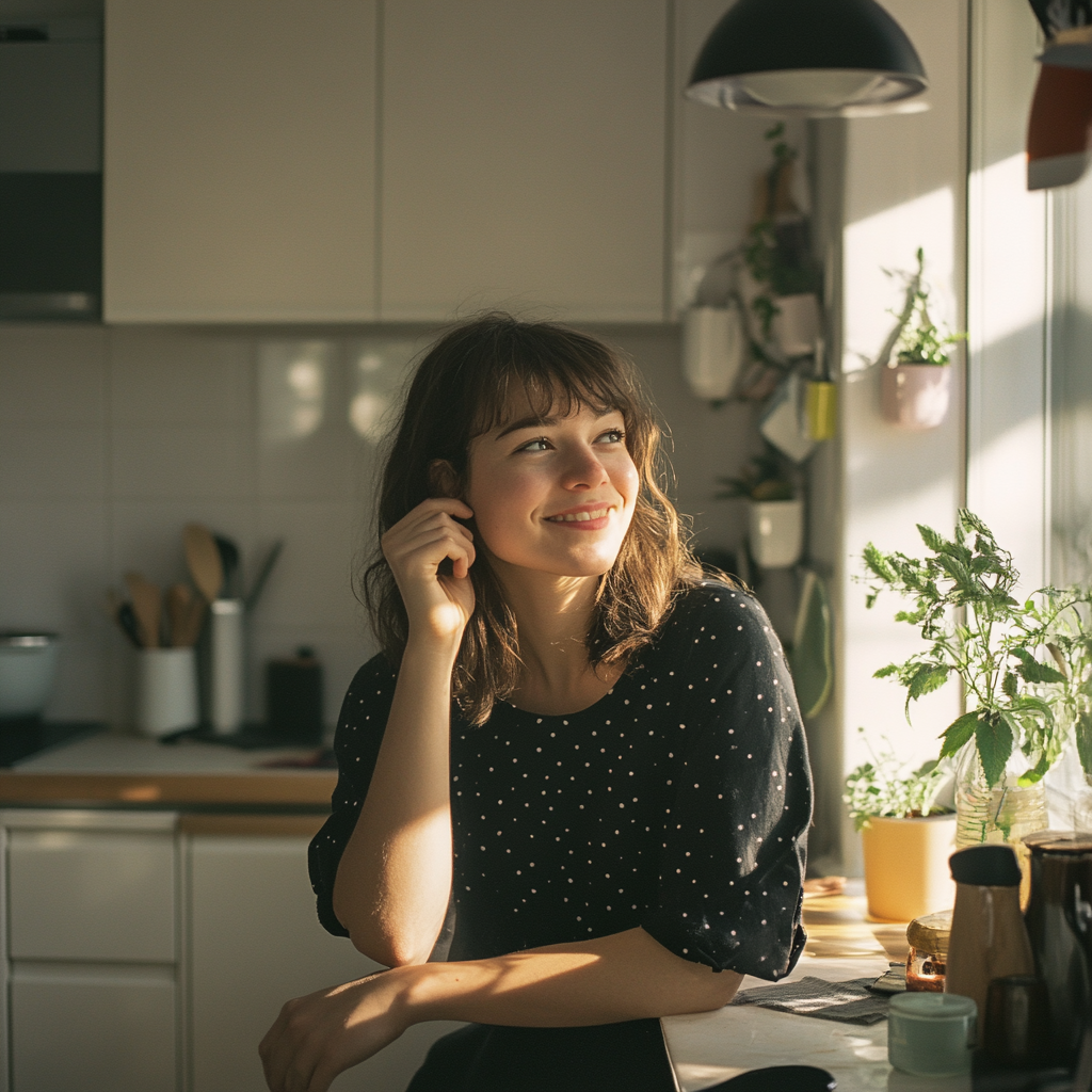 Femme debout dans sa cuisine en train de sourire | Source : Midjourney