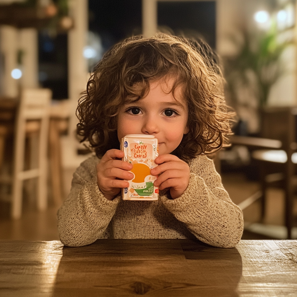 Une petite fille tenant une boîte de jus de fruit | Source : Midjourney