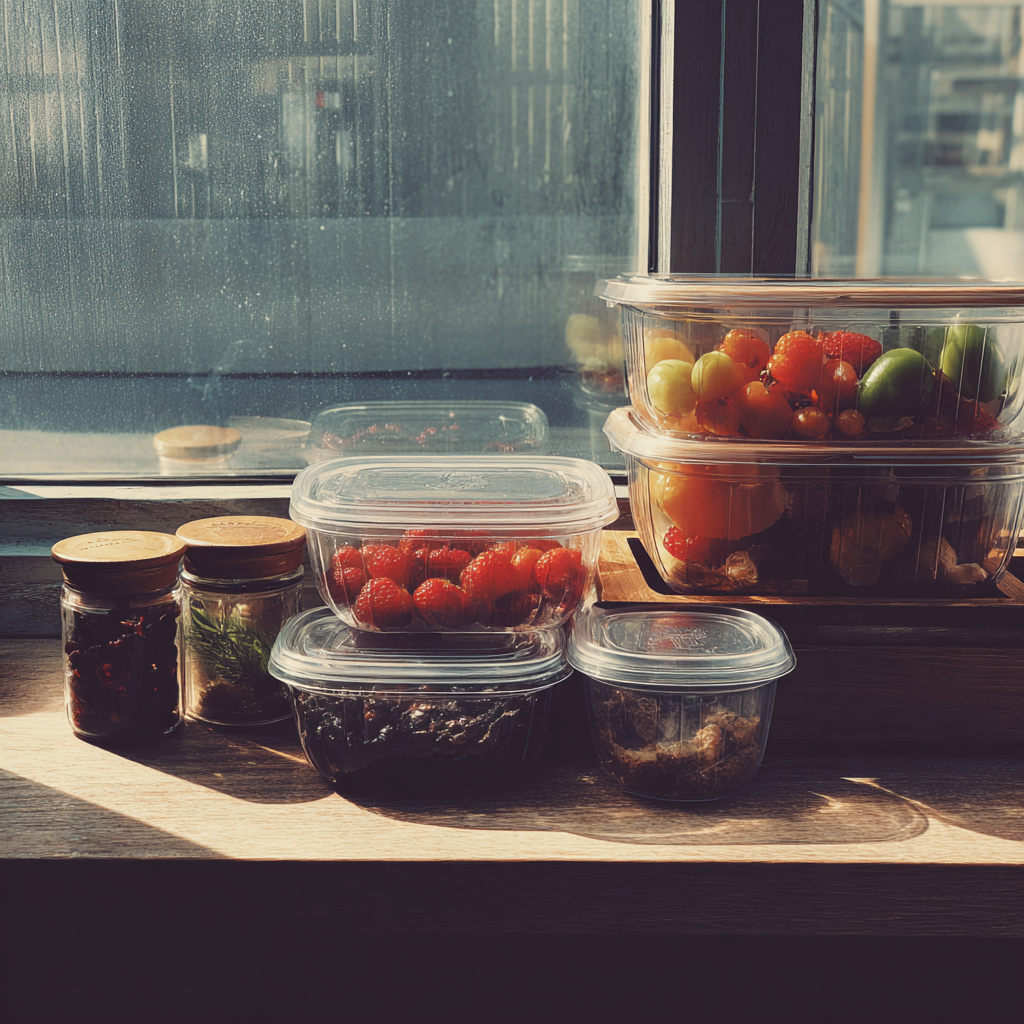 Conteneurs de nourriture sur un comptoir de cuisine | Source : Midjourney