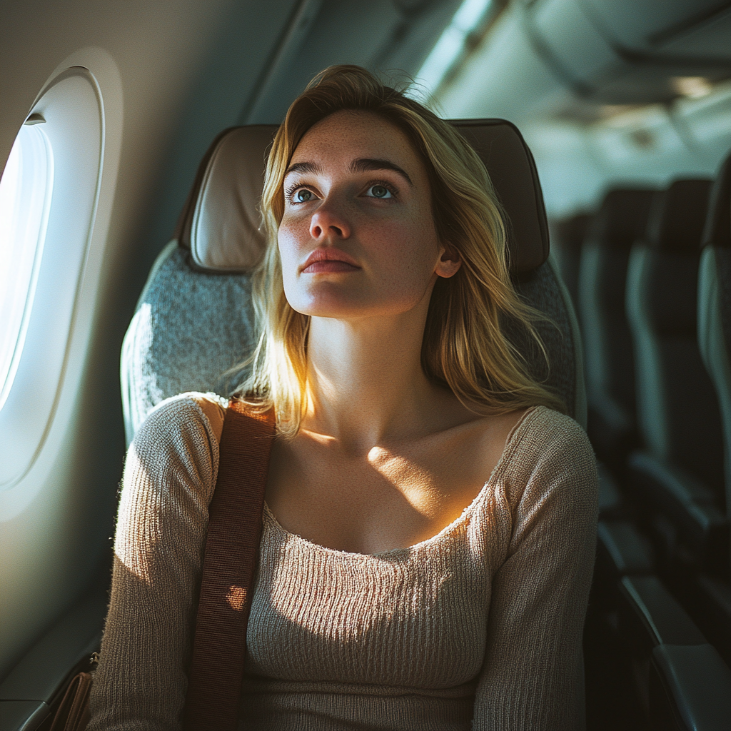 A defiant woman in her airplane seat | Source: Midjourney