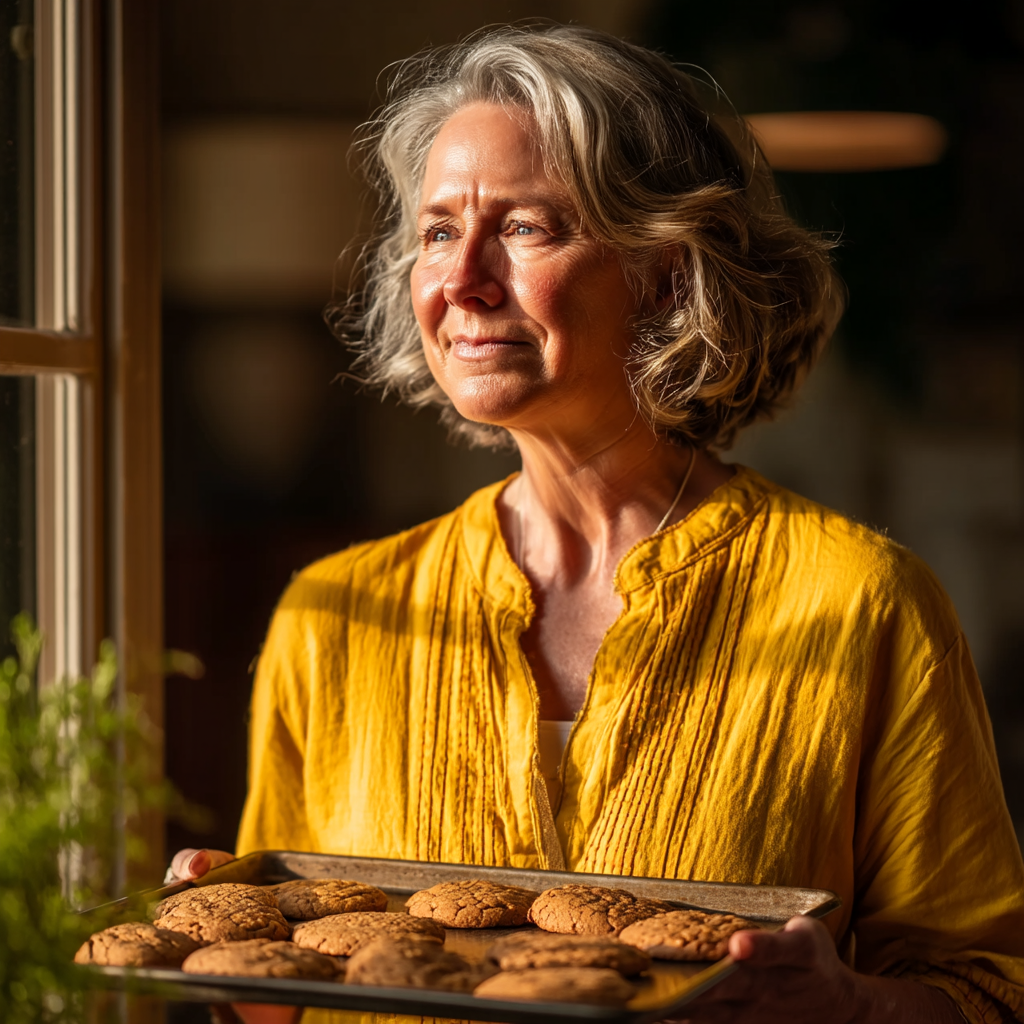 Une femme souriante tenant un plateau de biscuits cuits au four | Source : Midjourney
