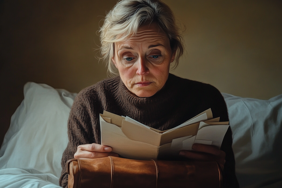 A sad elderly woman holding a pile of documents | Source: Midjourney