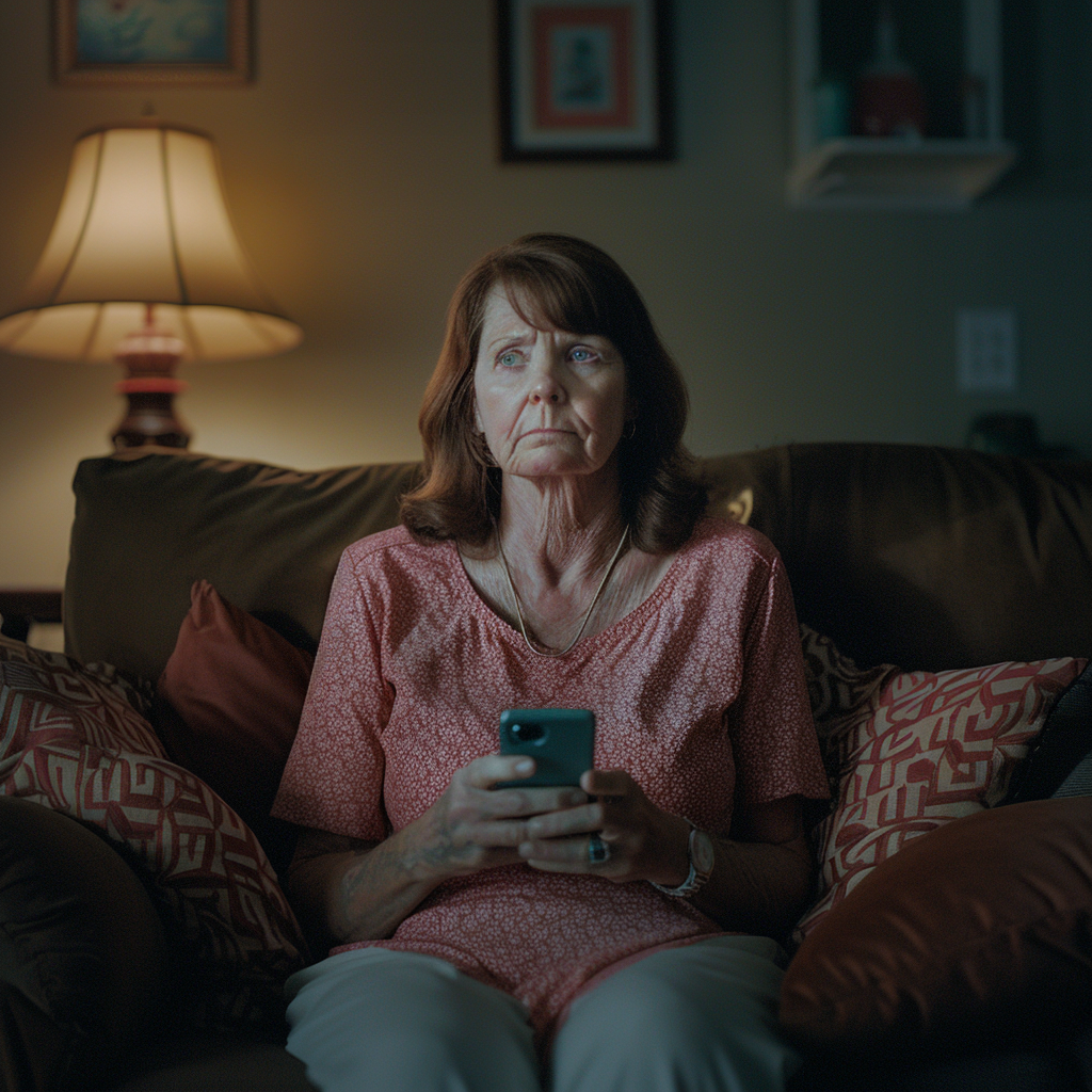 Une femme âgée triste assise sur le canapé avec son téléphone | Source : Midjourney