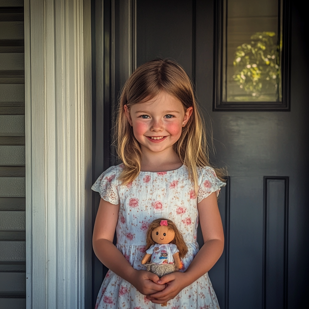 A happy little girl standing on the doorstep, holding a doll | Source: Midjourney