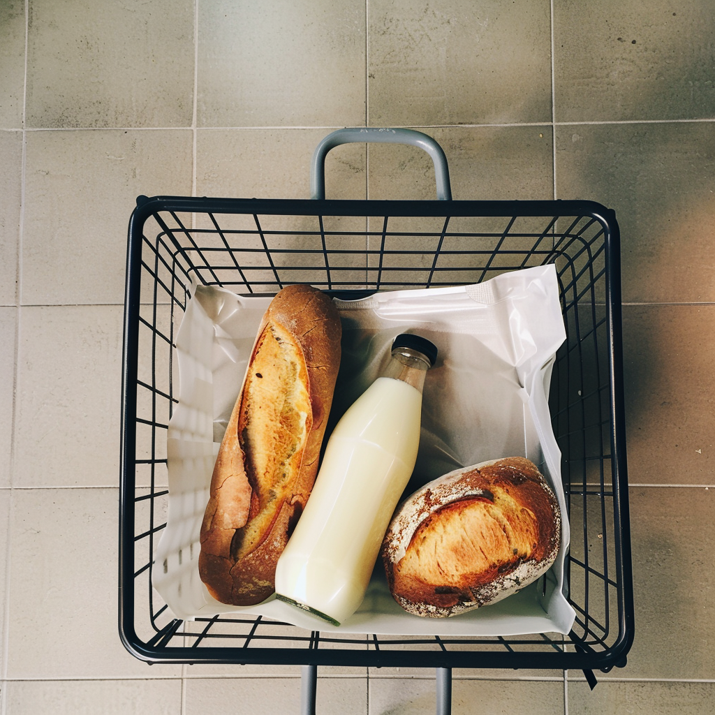 Du lait et du pain dans un panier à provisions | Source : Midjourney