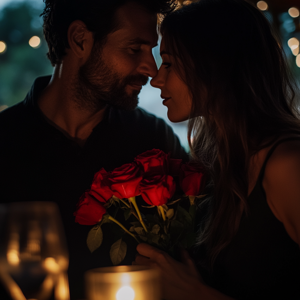 A man presenting a bouquet of red roses to his wife | Source: Midjourney