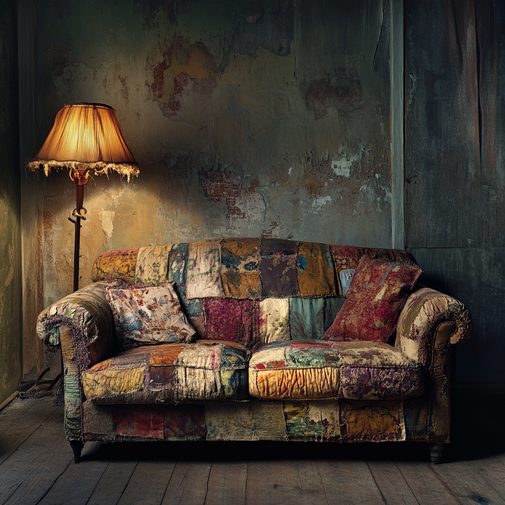 An old, worn sofa in a shabby room | Source: Midjourney