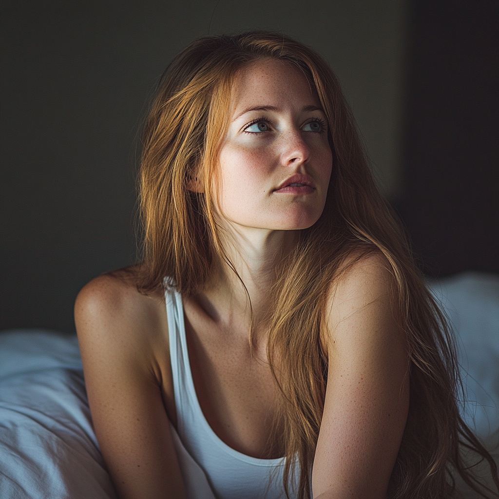 Une jeune femme assise sur un lit | Source : Midjourney
