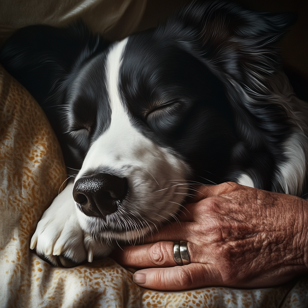 Un homme âgé qui serre dans ses bras son chien de compagnie bien-aimé pour qu'il s'endorme | Source : Midjourney