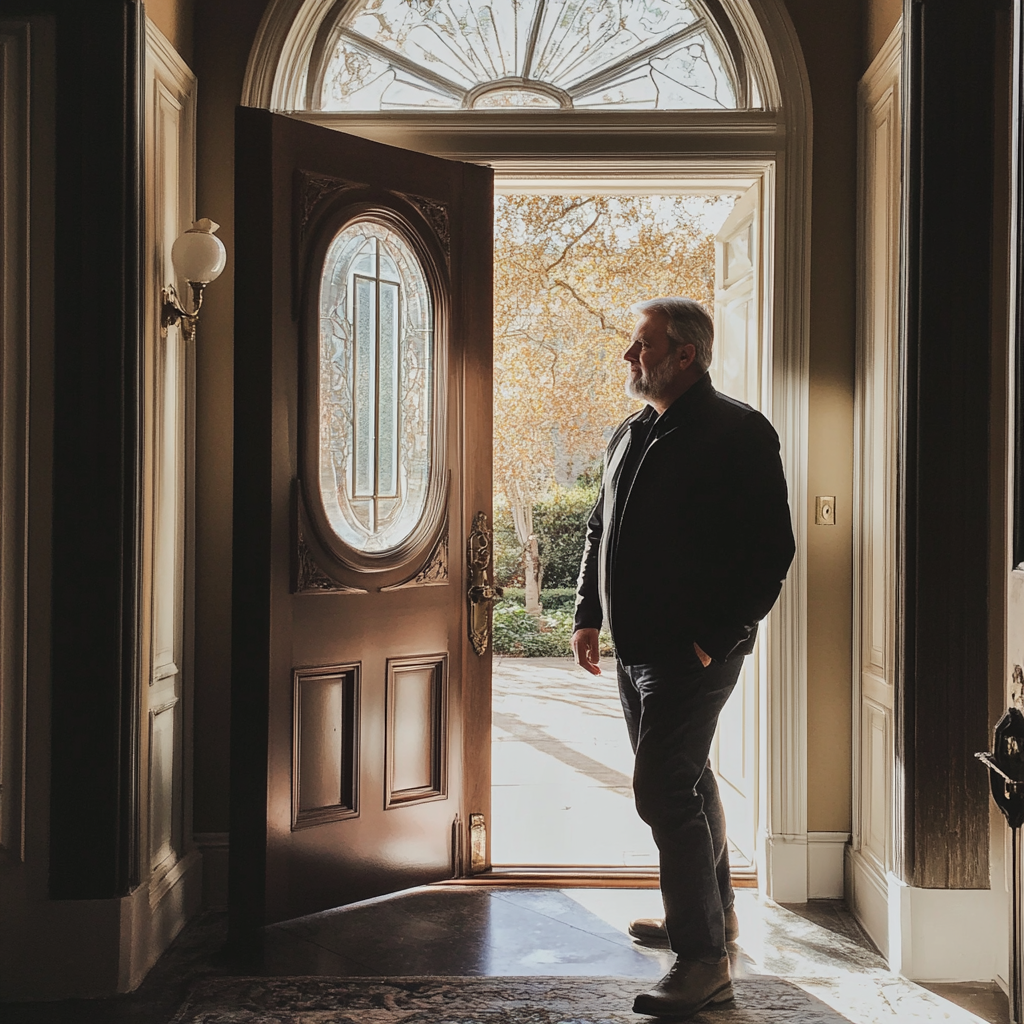 Un homme debout devant une porte d'entrée | Source : Midjourney