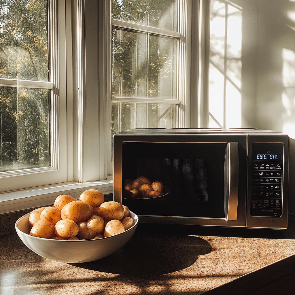 Un bol de pommes de terre à côté d'un micro-ondes | Source : Midjourney