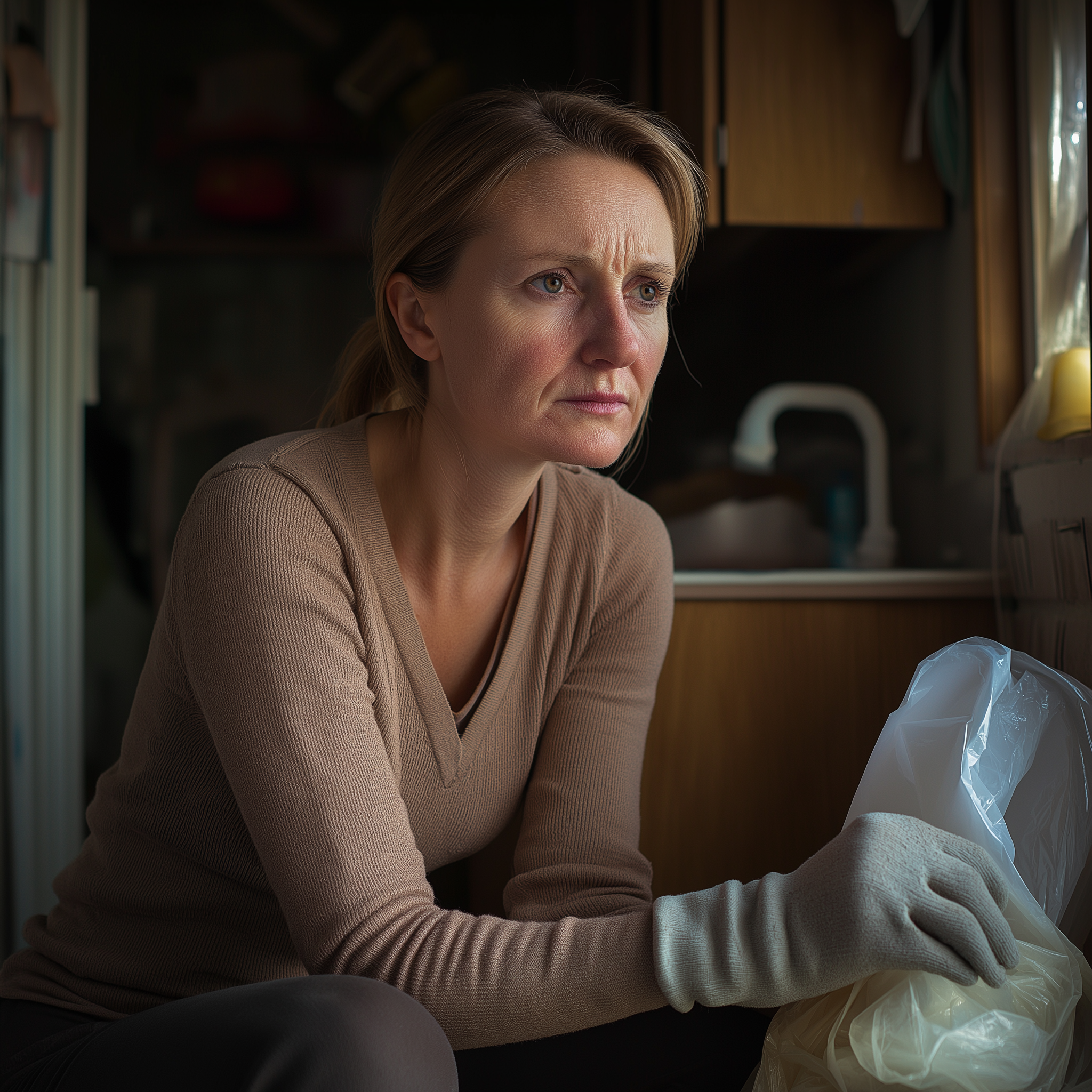 A woman looks sad and pensive while cleaning | Source: Midjourney