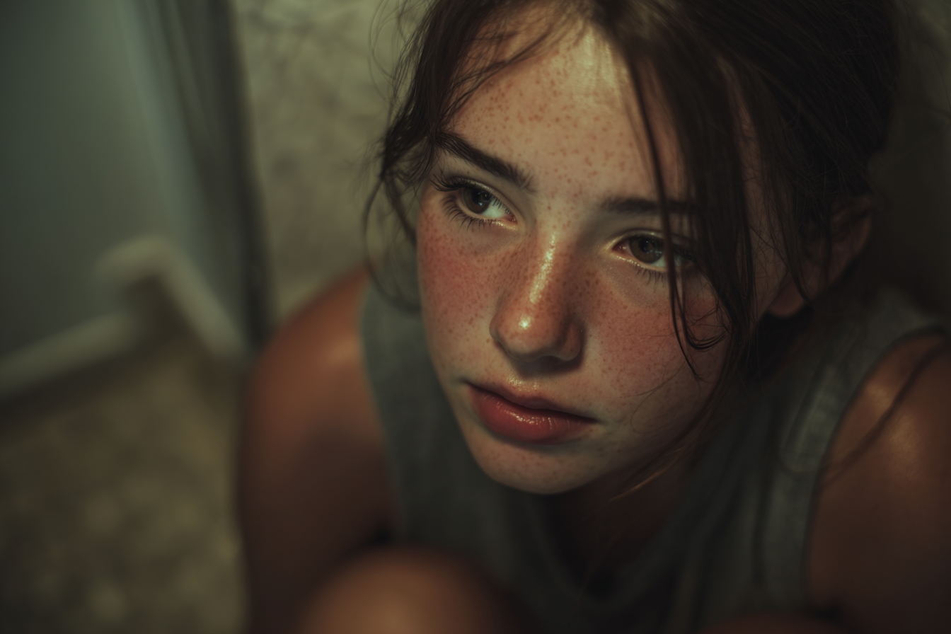 Une fille assise dans une salle de bain | Source : Midjourney