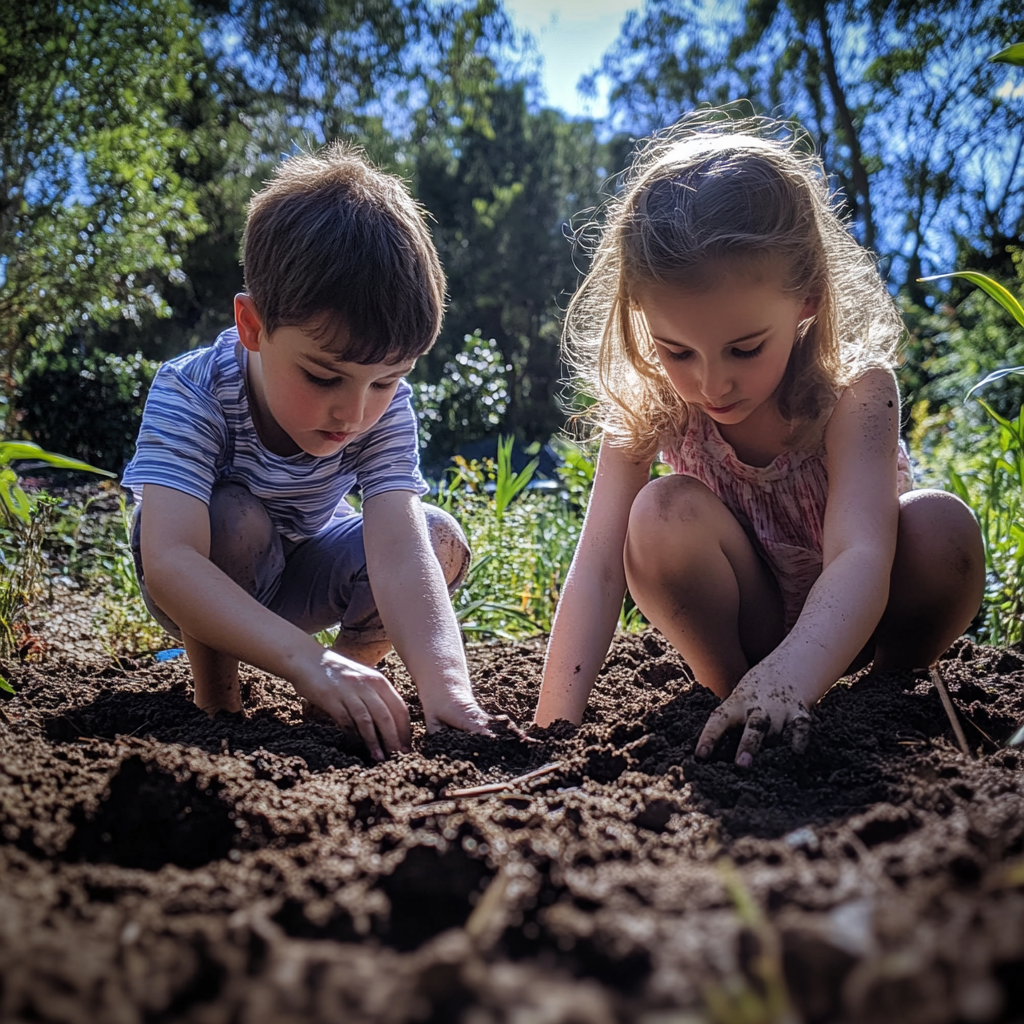 Garçon et fille creusant dans le jardin | Source : Midjourney