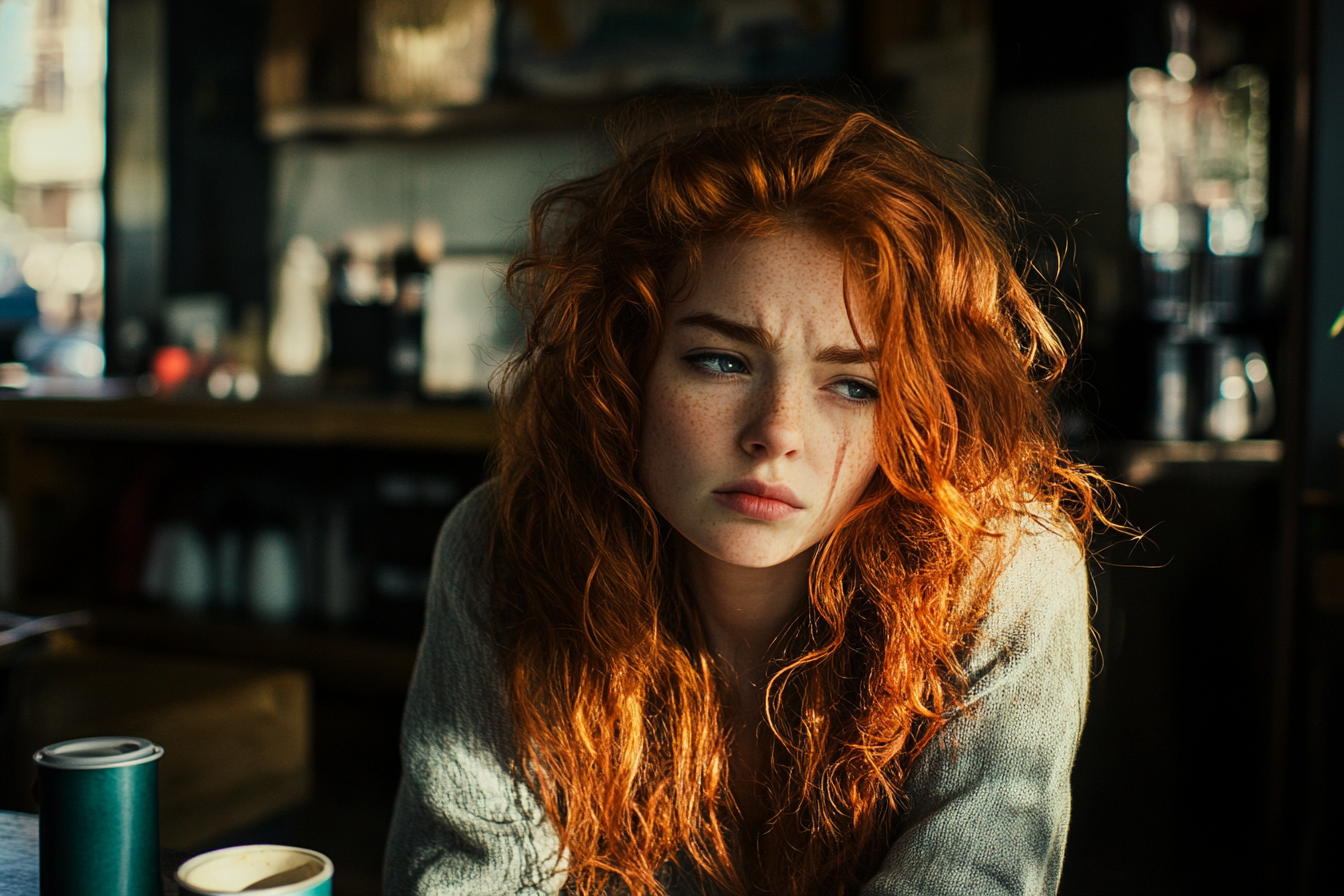 Une femme aux cheveux roux, assise l'air négligée, triste et en larmes dans un café | Source : Midjourney