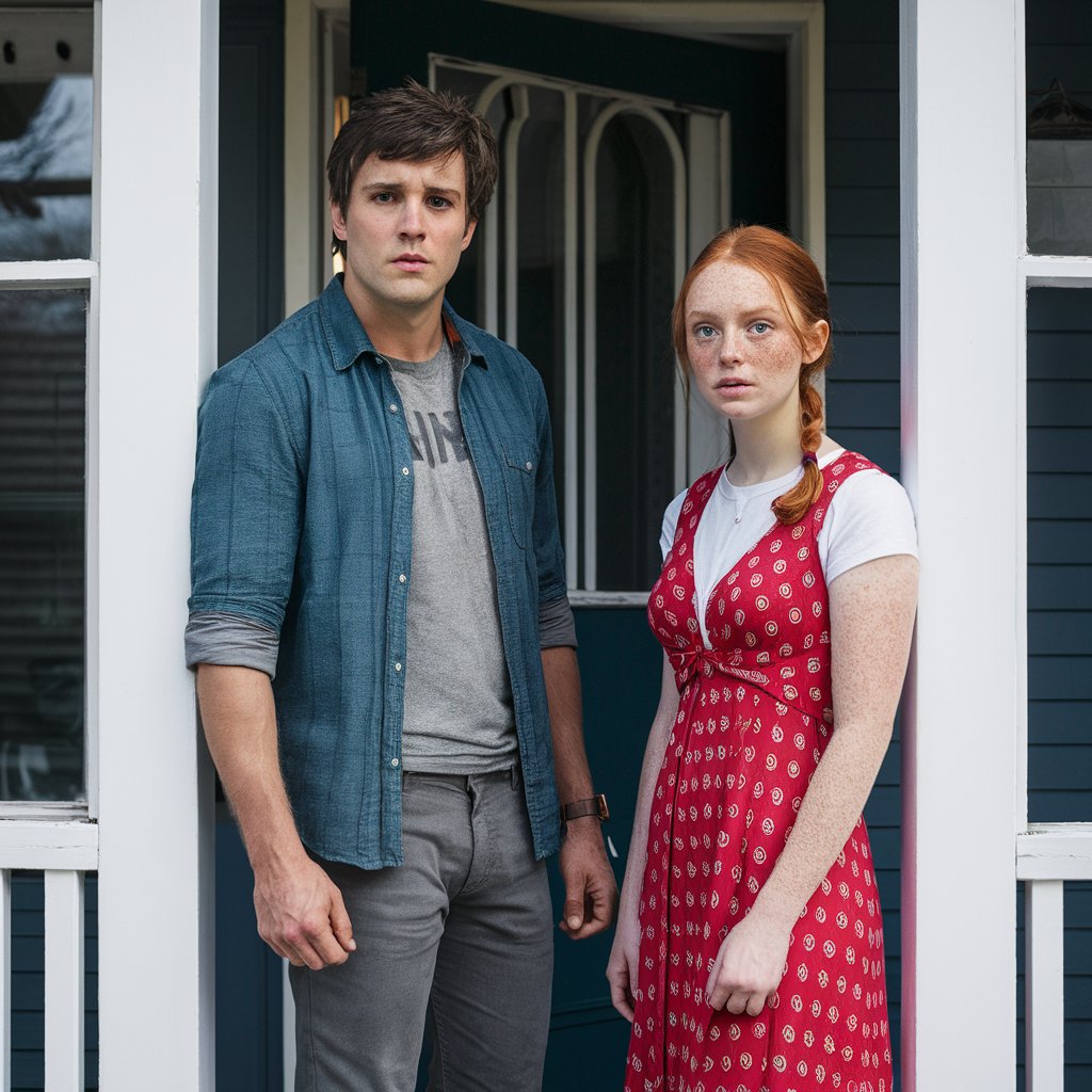 Un jeune couple devant une maison, l'air curieux | Source : Midjourney