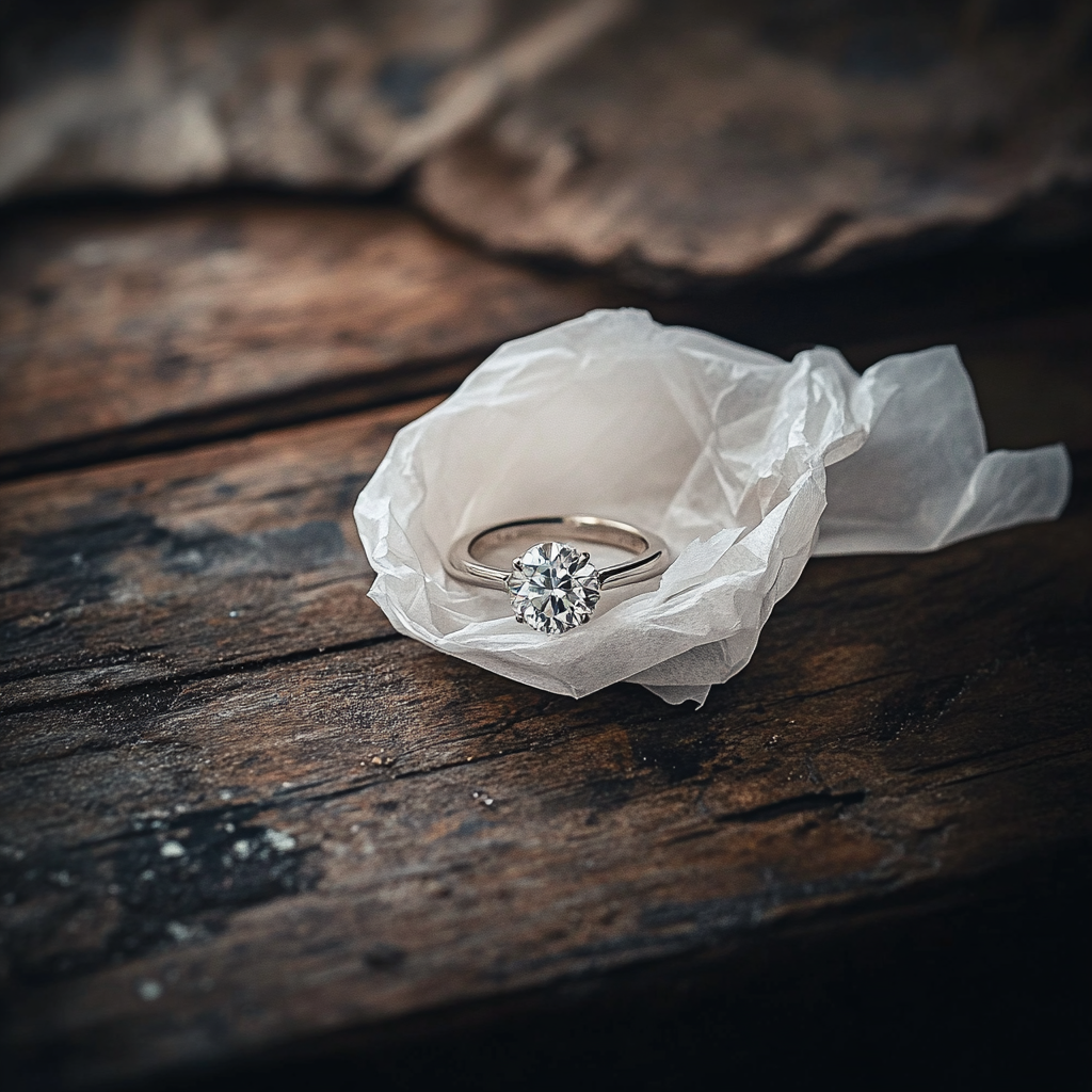 A wedding ring wrapped in a tissue resting on an old wooden table | Source: Midjourney