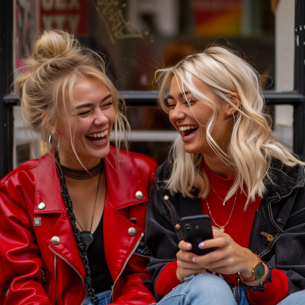 Lilian et son amie Hailey sourient en regardant un smartphone | Source : Midjouney