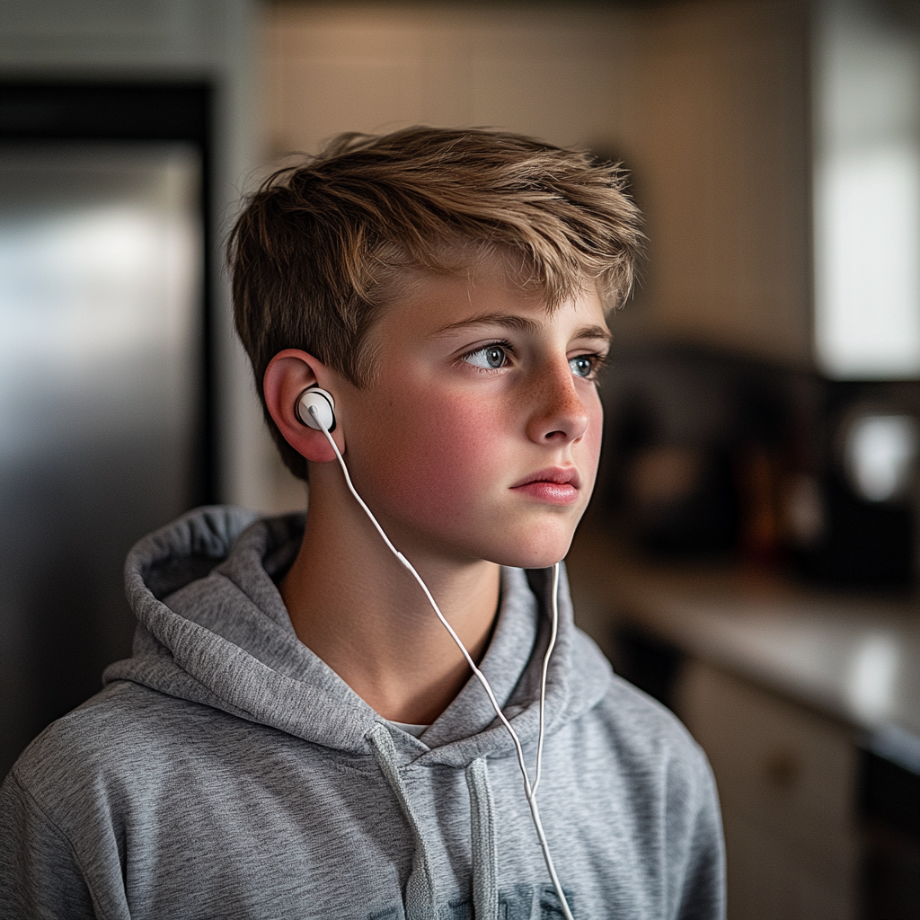 A young boy standing in the kitchen with his headphones plugged in | Source: Midjourney