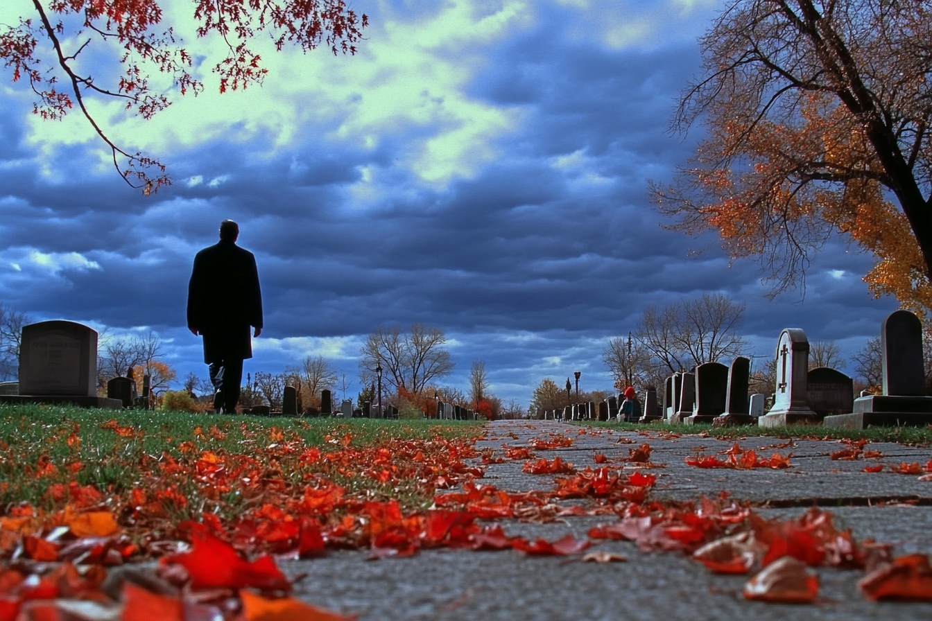 Un homme marchant dans un cimetière par une journée nuageuse | Source : Midjourney