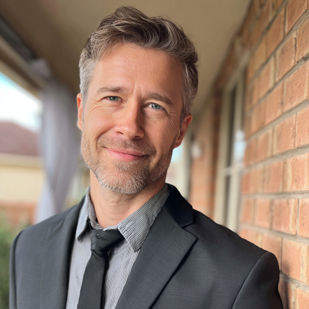 Un homme souriant portant un costume | Source : Midjourney