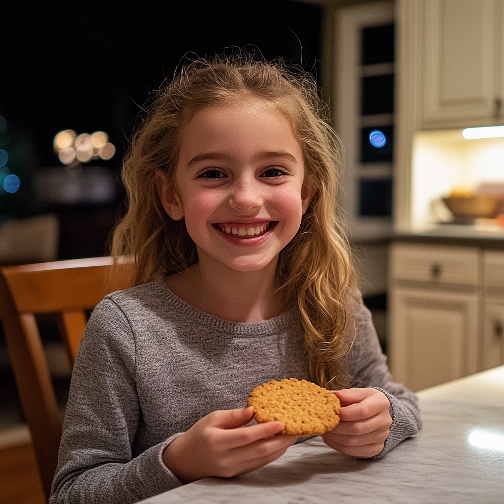 Happy girl with a cookie | Source: Midjourney