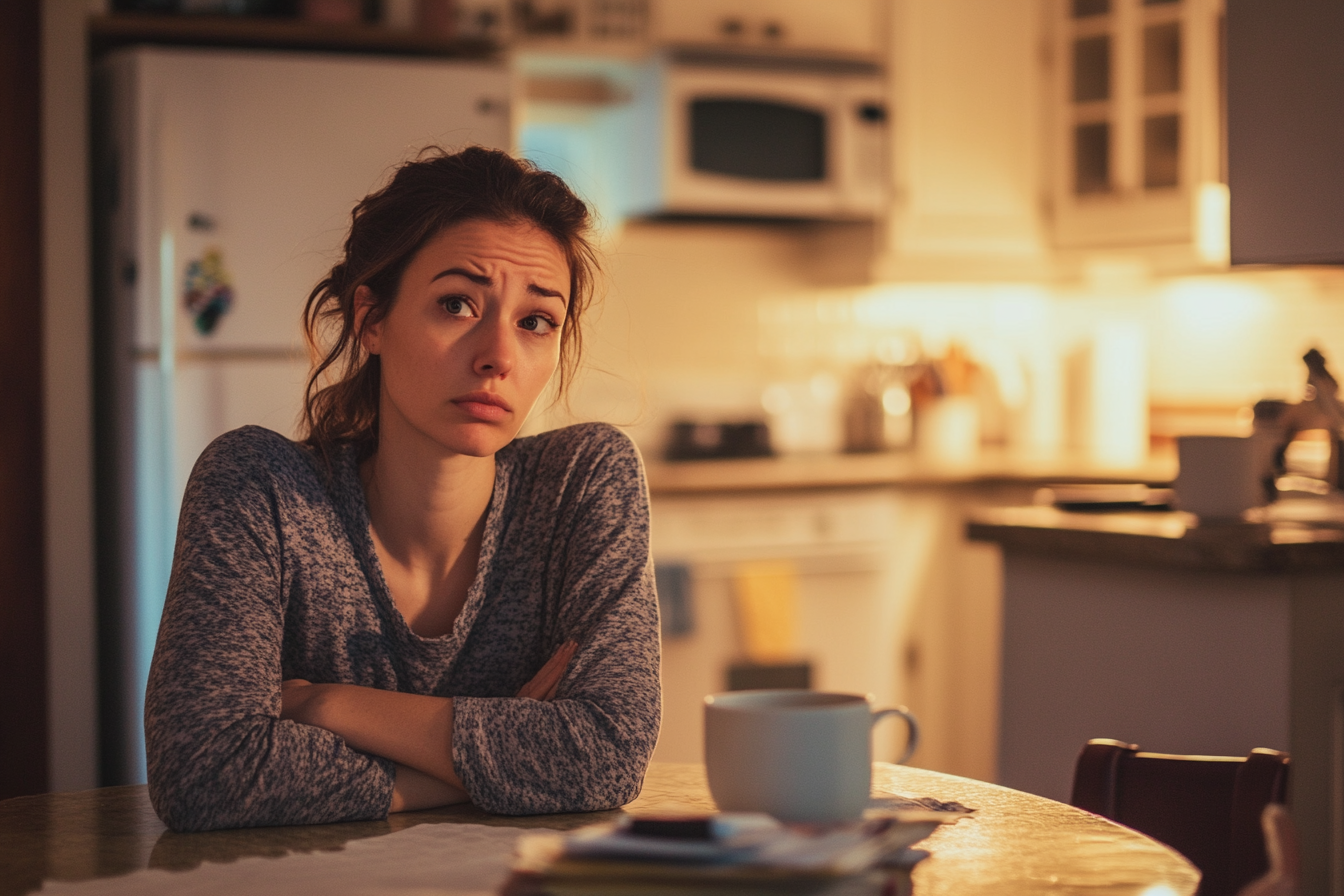 Une femme fatiguée assise à une table de cuisine | Source : Midjourney