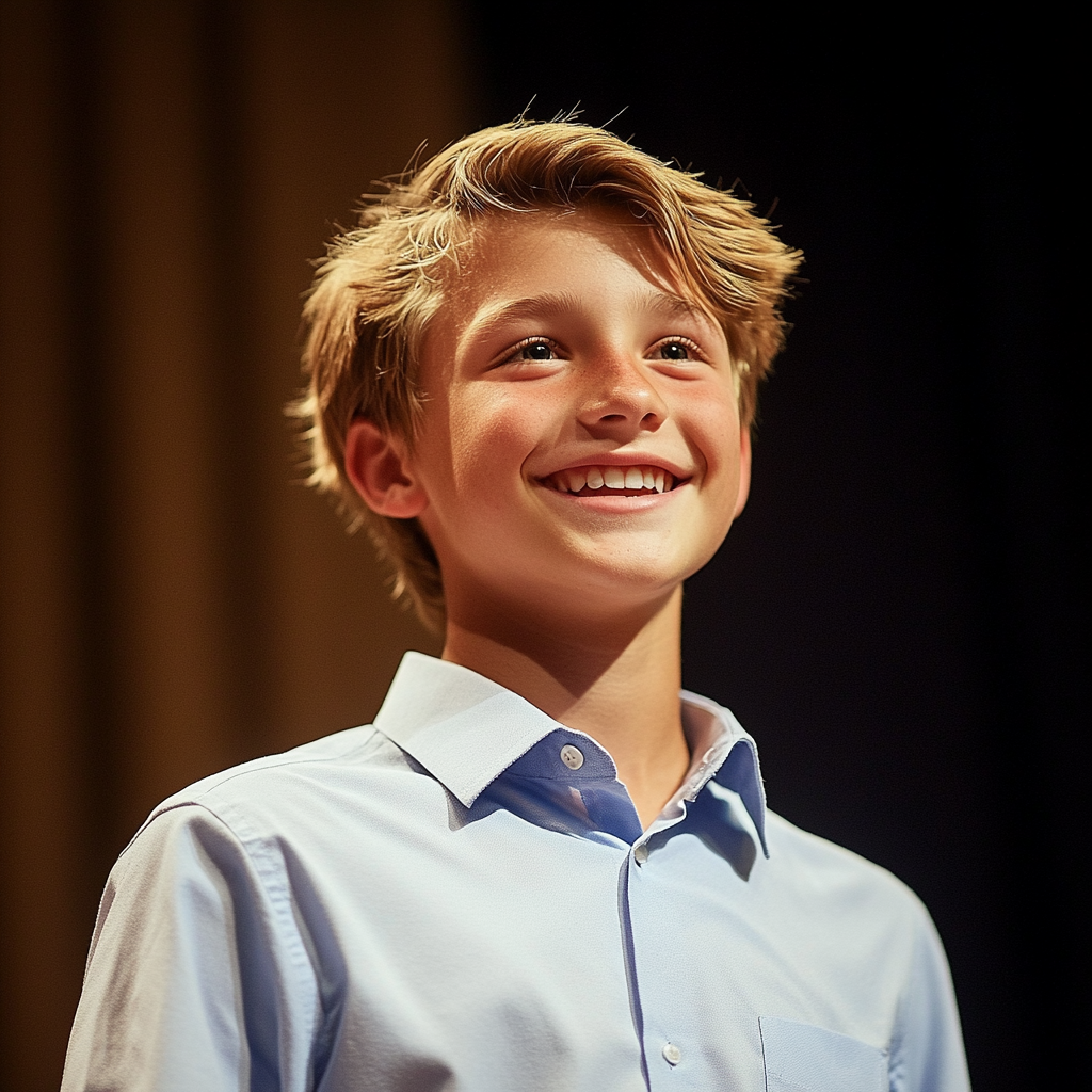 Un garçon souriant debout sur une scène | Source : Midjourney