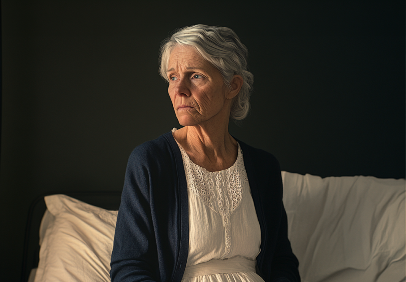 Une vieille femme bouleversée assise sur un lit | Source : Midjourney