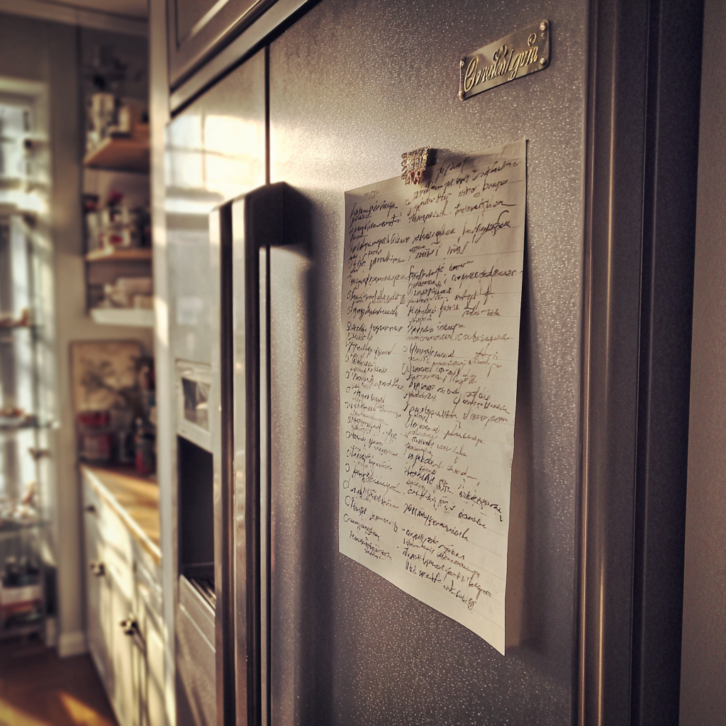 Un morceau de papier scotché sur un réfrigérateur | Source : Midjourney