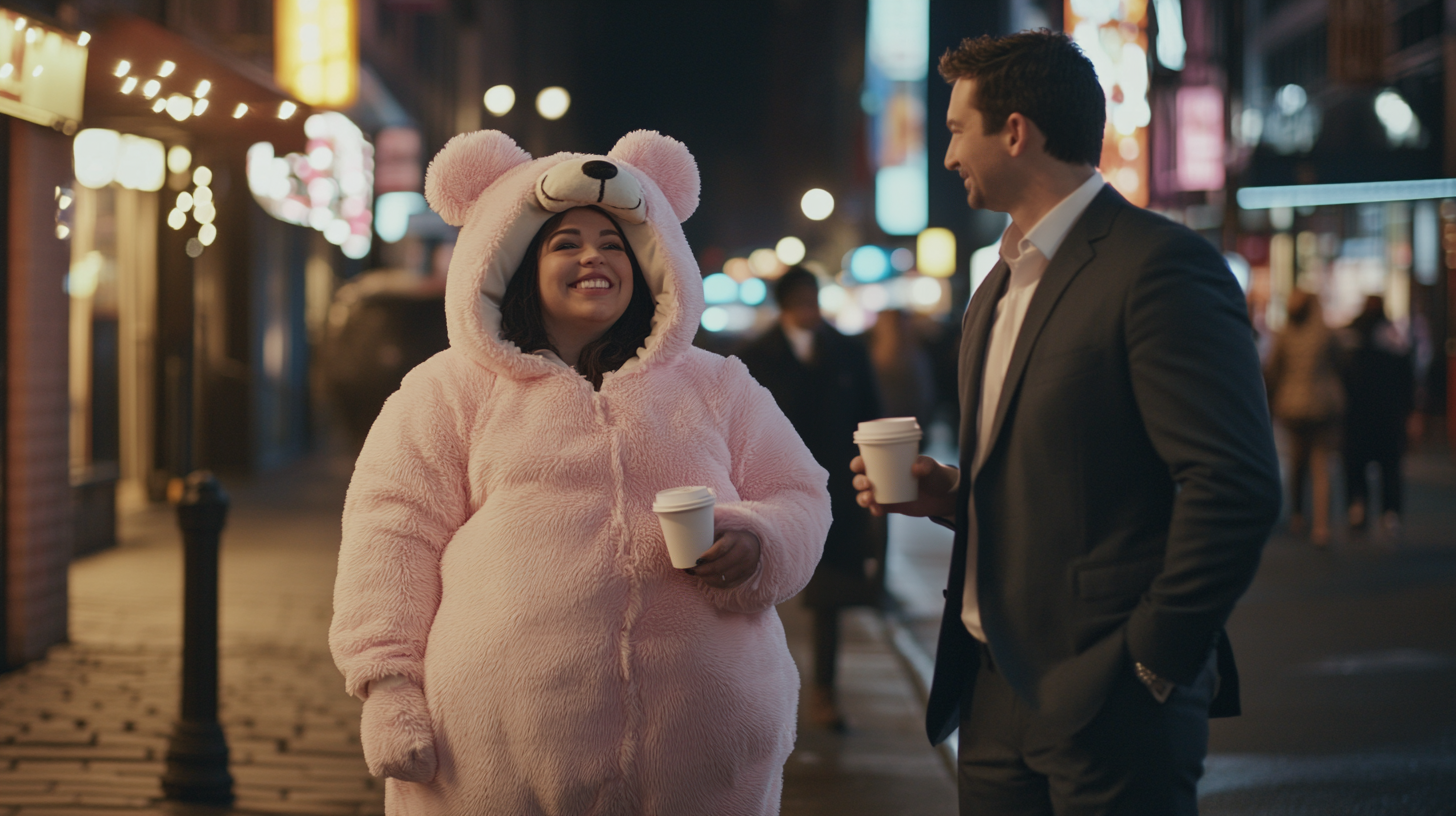 Une femme en costume de mascotte d'ours rose parlant à un homme | Source : Midjourney