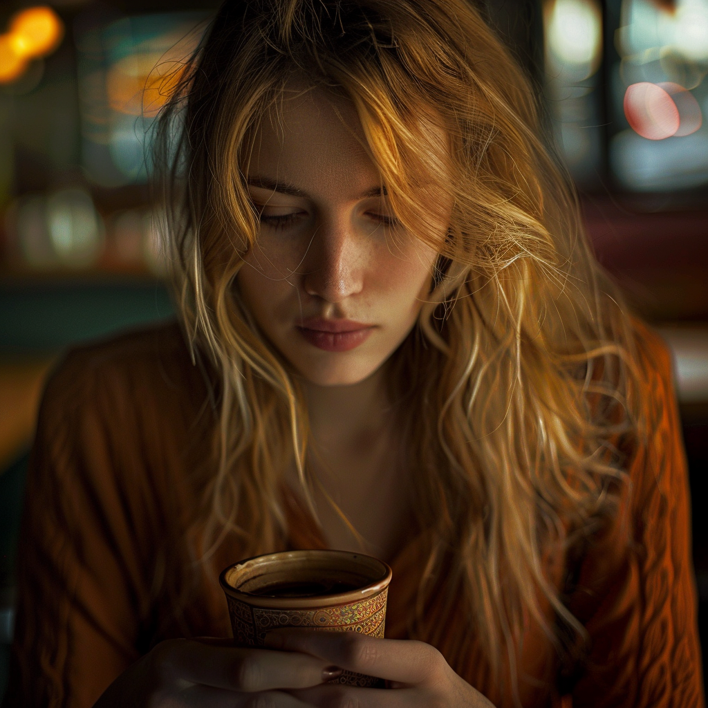 Une jeune femme qui regarde dans son verre | Source : Midjourney