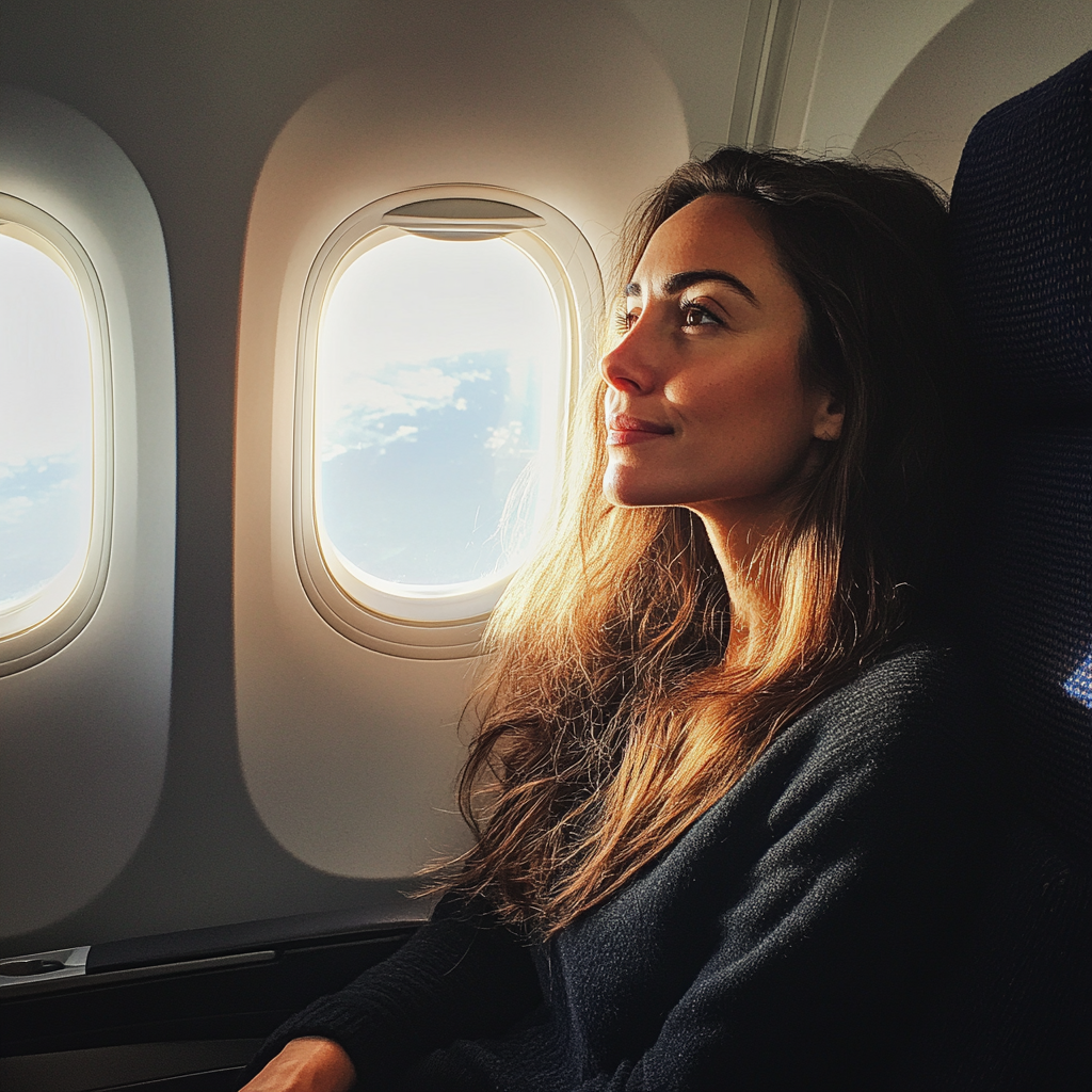 A woman sitting on an airplane | Source: Midjourney