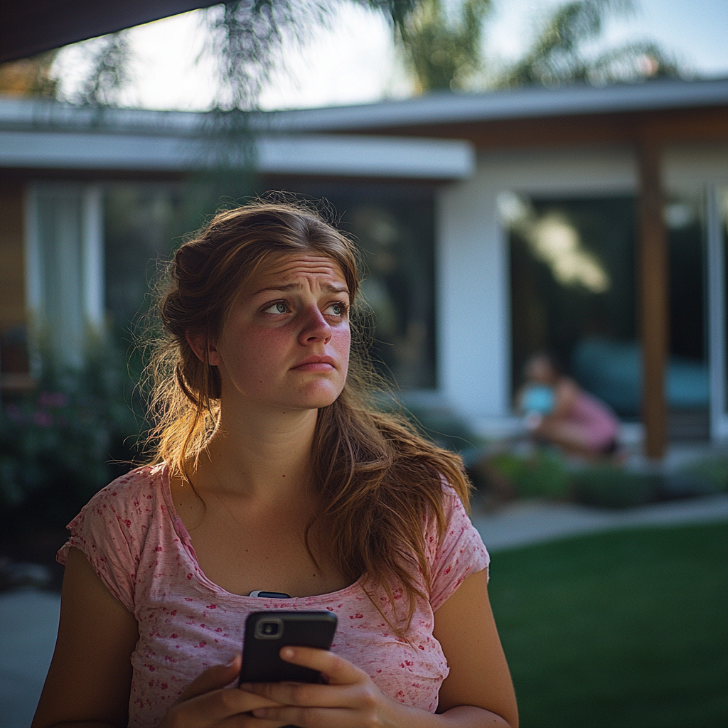 Une femme stressée tenant un téléphone | Source : Midjourney