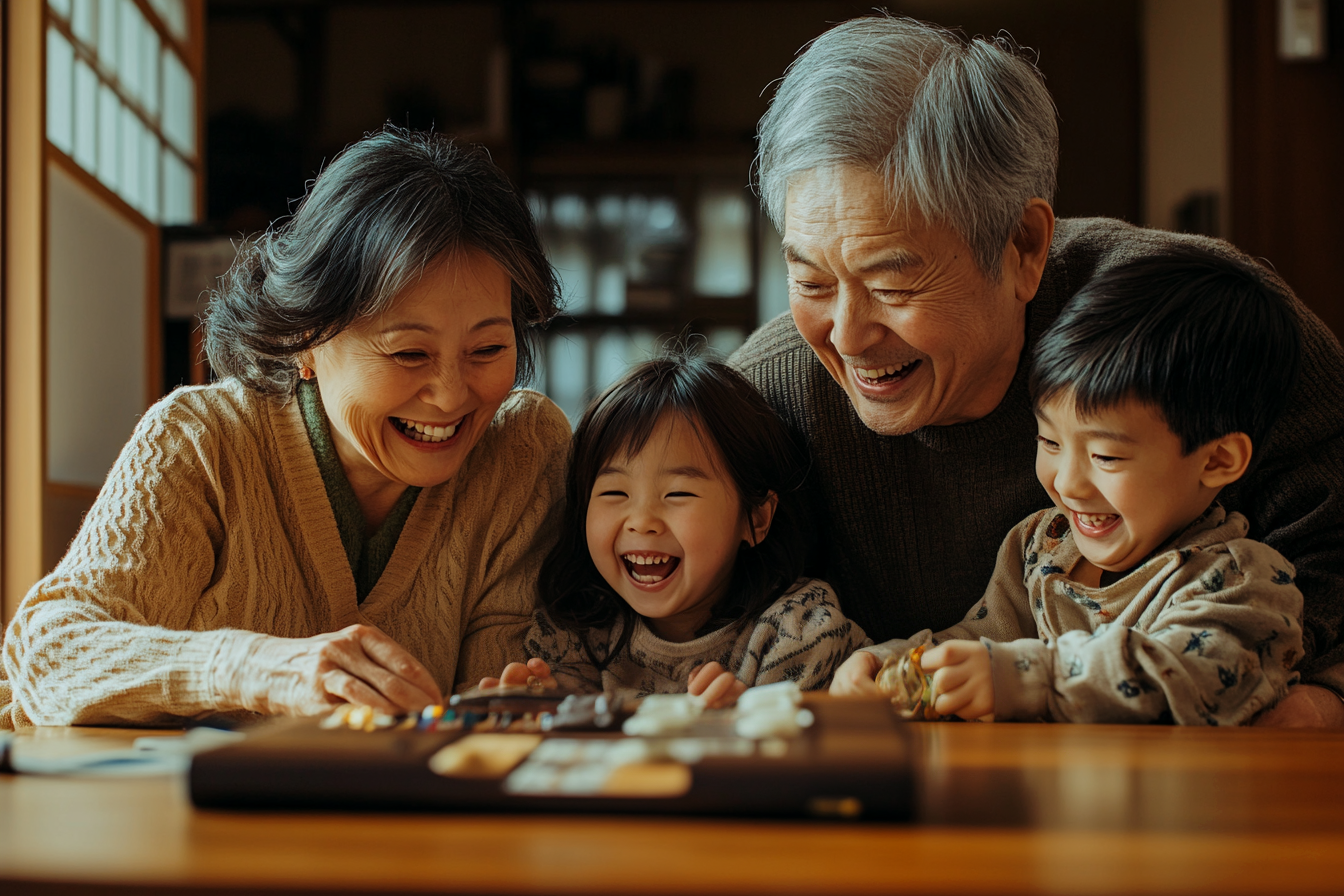 Un couple de personnes âgées jouant avec leurs petits-enfants jumeaux de 4 ans | Source : Midjourney