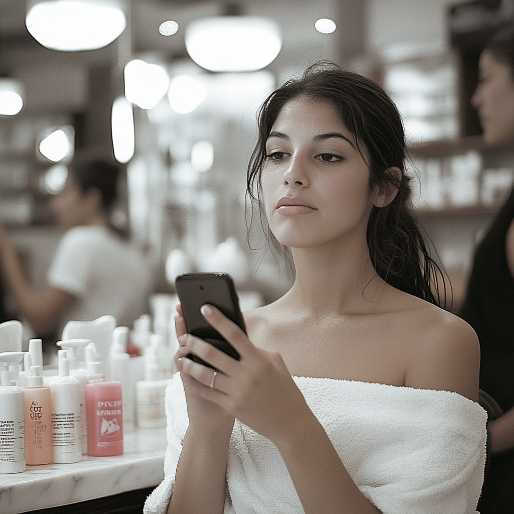 Une femme bouleversée qui regarde un téléphone | Source : Midjourney