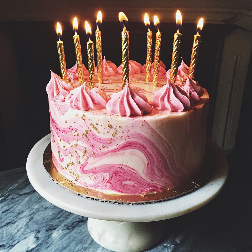 Un gâteau d'anniversaire rose avec des bougies dorées | Source : Midjourney