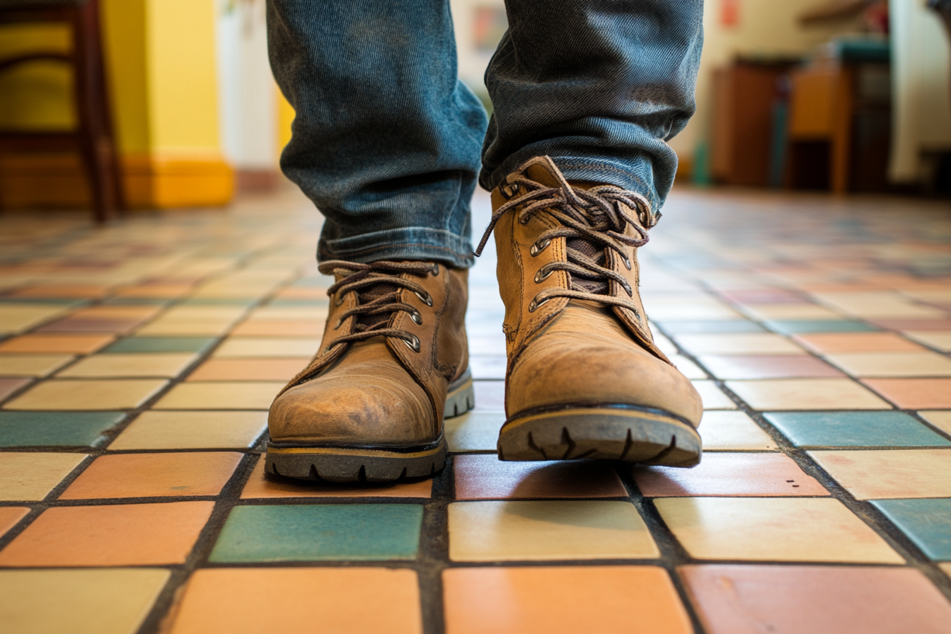 Gros plan sur les bottes d'un homme sur un sol carrelé | Source : Midjourney