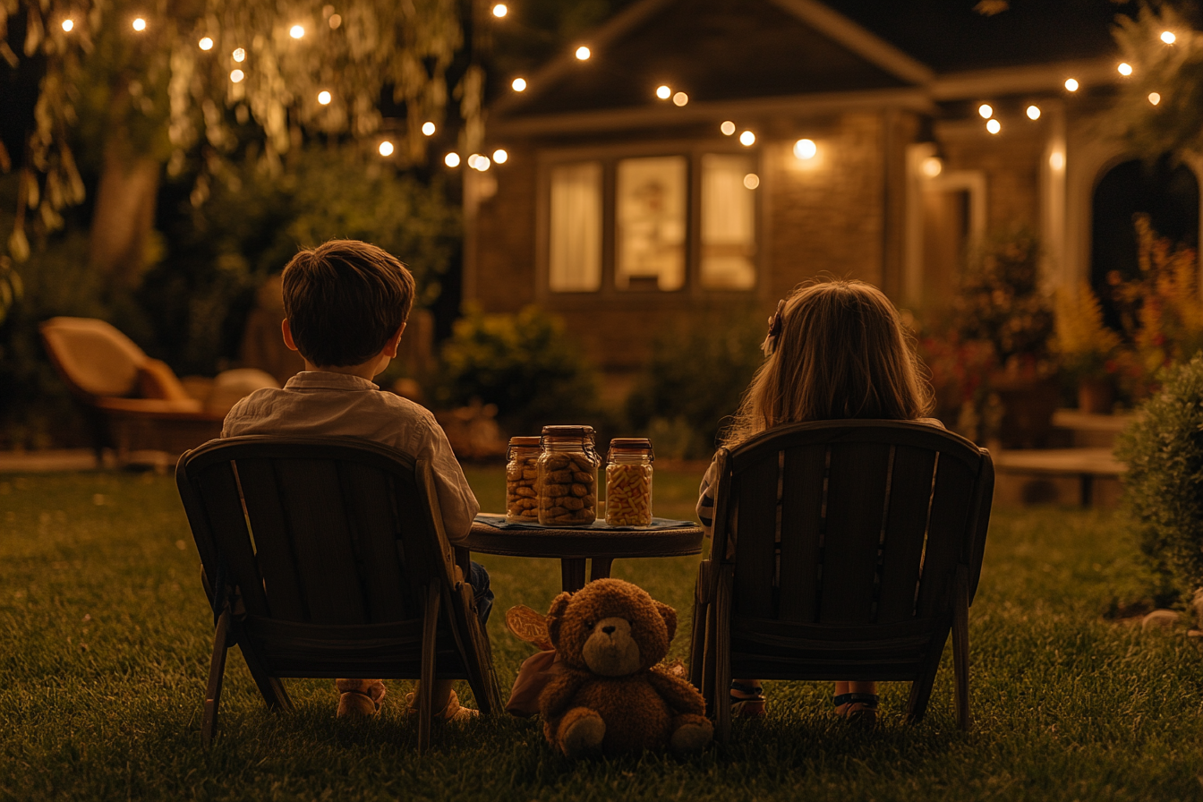 Un petit garçon et une petite fille assis avec des boîtes de biscuits et des peluches devant leur maison | Source : Midjourney